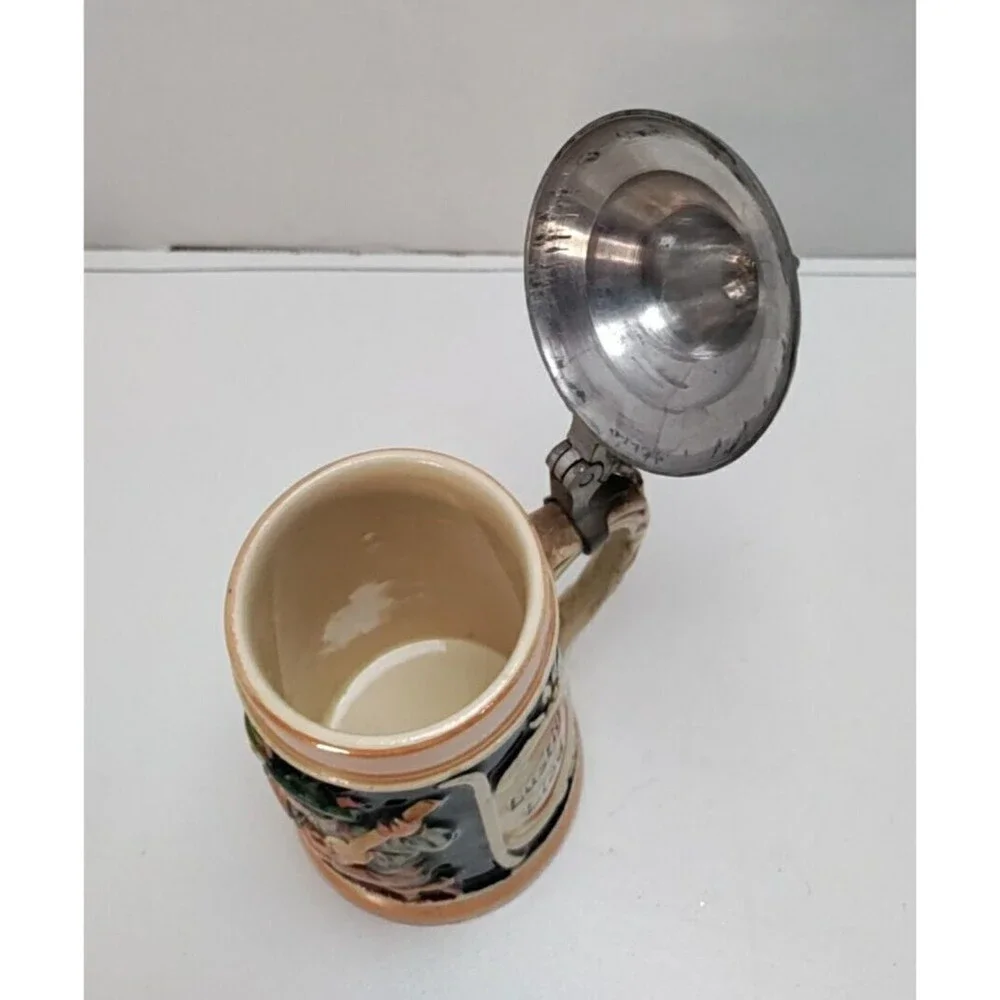 1/8 Liter Lidded Stein Froh Gemiit Lustig Lied Glazed 5.5 In Tall